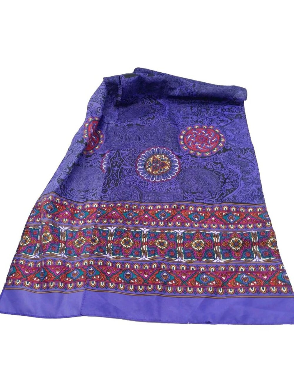 Scarf Purple Black Jacquard with Red Gold Green Paisley Border 11x52"